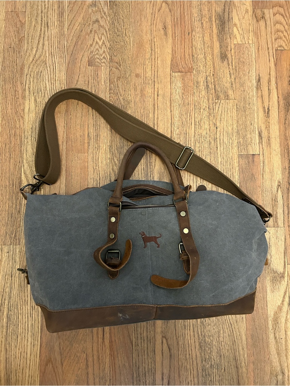Gray Canvas & Brown Leather Weekender Duffel Bag